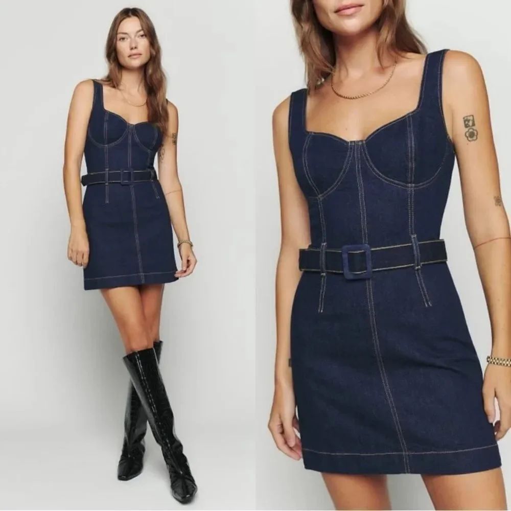 NEW Reformation Joanne Belted Denim Dress in a dark wash